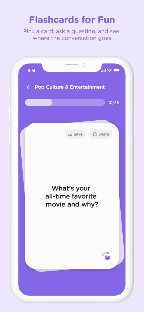 Chattr: Fun Quiz Games - Una tarjeta digital en la aplicación Chattr mostrando una pregunta de cultura pop sobre películas favoritas