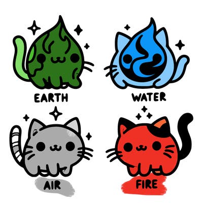 4 cats that represent the different elements, earth, water, air, and fire