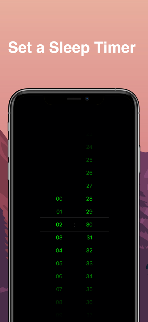 Nature Sounds : Sleep & Relax - Interfaz de la aplicación Sonidos de la Naturaleza que muestra la pantalla de selección del temporizador de sueño en un smartphone.