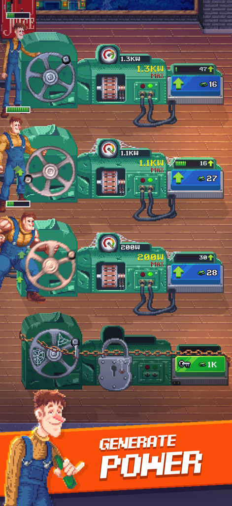 Power Inc - Pixel art characters operating hand crank turbines to generate electricity in the Power Inc idle game.
