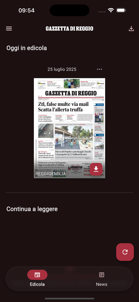 La Gazzetta di Reggio - Pantalla del quiosco digital de la aplicación La Gazzetta di Reggio que muestra la portada del periódico diario.