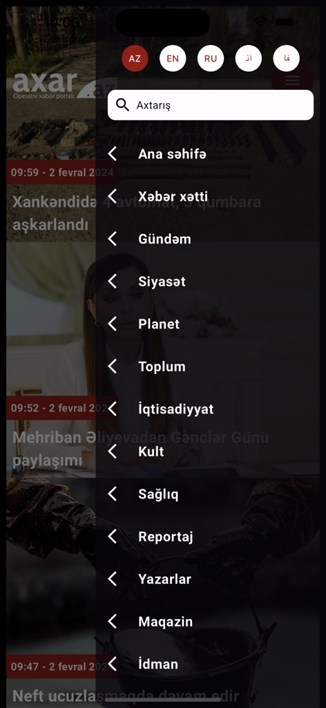 Axar.az - News portal - Menú de navegación lateral de la aplicación móvil Axar.az que muestra categorías de noticias en azerbaiyano y opciones de selección de idioma.