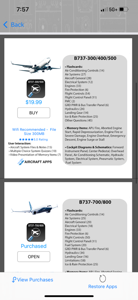 iBOEING B-737 Aircraft Apps - In-app purchase screen for Boeing 737-300 and 700 series pilot training materials including flashcards and memory items