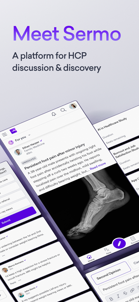 Sermo: Physician Network - Interfaz de la aplicación Sermo mostrando una discusión de caso médico con una radiografía y comentarios de colegas médicos