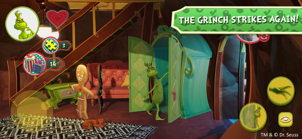 The Grinch - The Grinch character sneaking out of a green wardrobe in a festive living room with gingerbread decorations