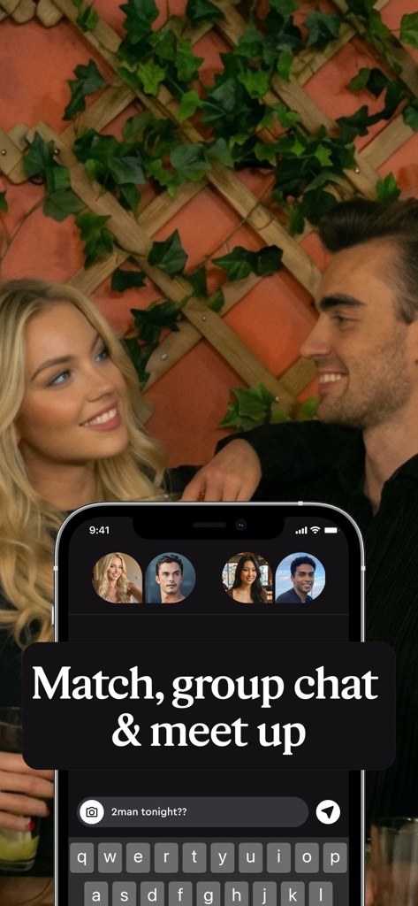 Doubble: Date, Friends, Party - A smartphone showing the Doubble app group chat feature for double dating matches with a couple smiling in the background