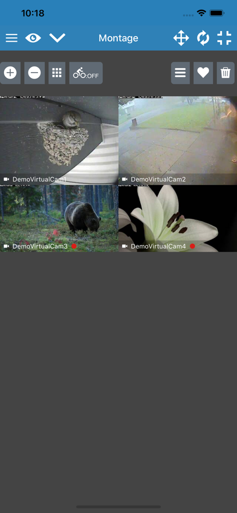 Multi-camera montage view showing four live security feeds in the zmNinja-pro app