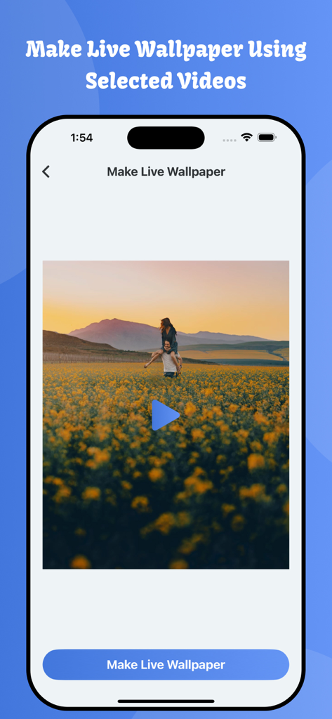 Video Cutter: Trim and Merge - 花畑のカップルの動画からライブ壁紙を作成するためのVideo Cutterアプリのインターフェイスを示すiPhone画面。