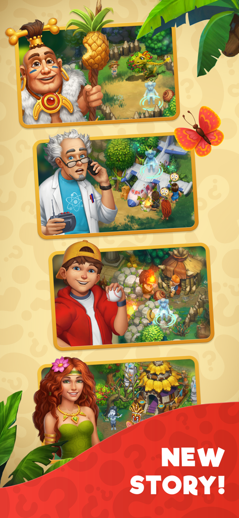 Promotional image for The Tribez Build a Village showing game characters and a new story announcement