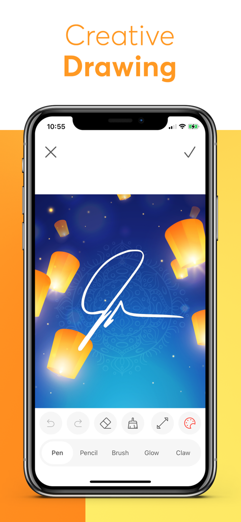 Screenshot of Phonto app showing the creative drawing tool being used to sketch a signature on a photo with floating lanterns