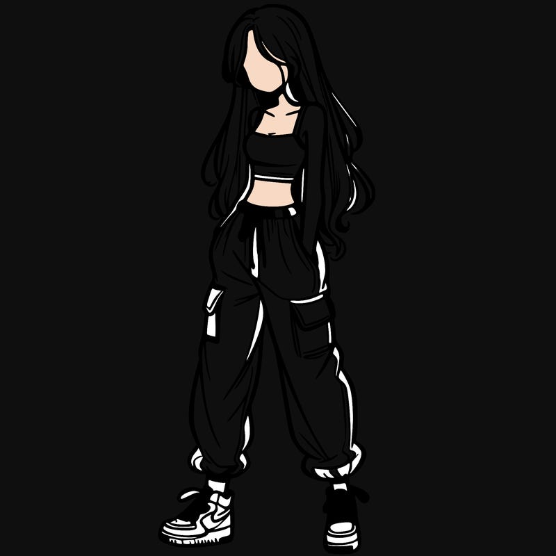 girl in baggy pants crop top and long hair