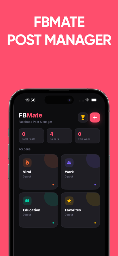 FBMate: Bookmark Manager - Painel do aplicativo FBMate mostrando pastas para organizar posts do Facebook em categorias como Viral, Trabalho, Educação e Favoritos.