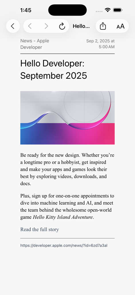 CloudNews app showing a news article from Apple Developer.