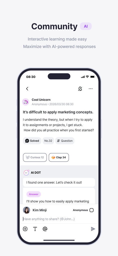 コミュニティ学習環境内で学生の質問とAIによる回答が表示されているCLASSUMアプリのモバイルインターフェース。