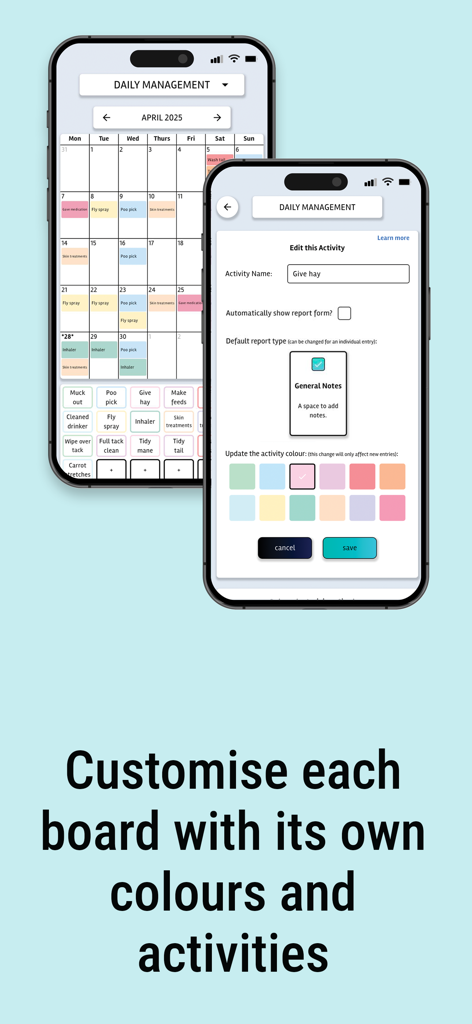 Equiniser - Equiniser app showing horse care calendar and board customization settings