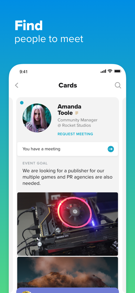 PINE Events - PINE Events mobile app interface showing an attendee profile card with networking goals and a request meeting button