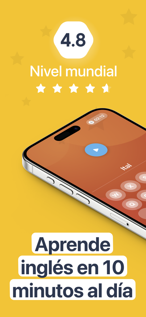 Smartphone showing Aprender Ingles con Starlex app with a 4.8 star rating and the text Learn English in 10 minutes a day.