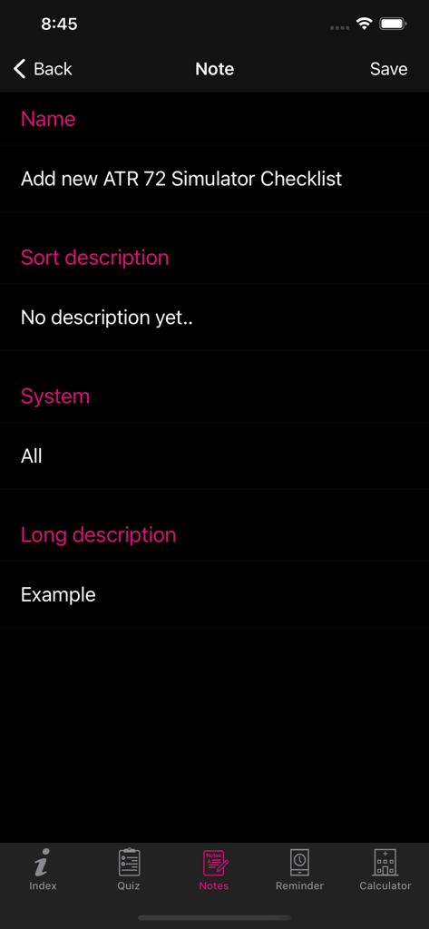 Interface for adding and editing notes within the ATR 72 Simulator Checklist app