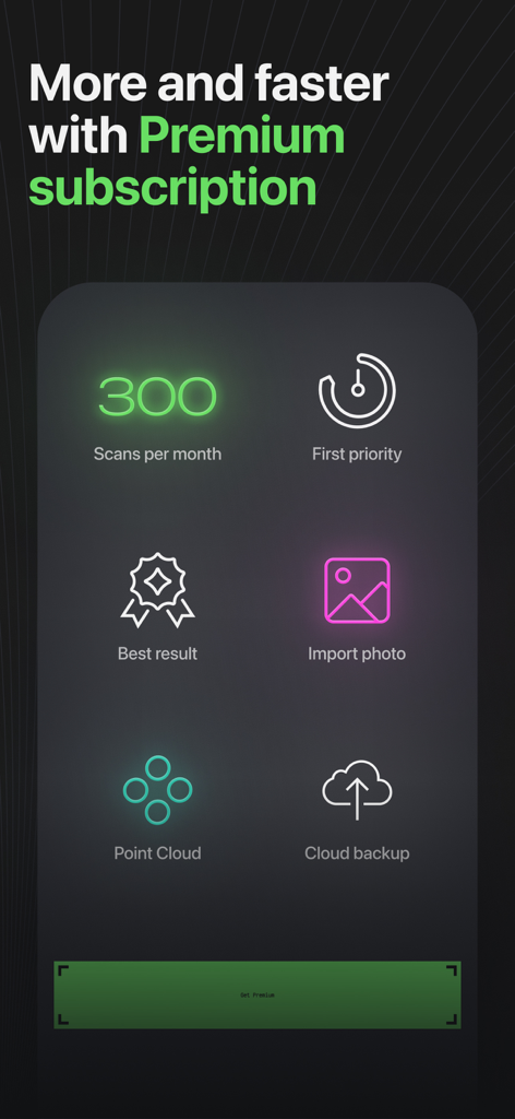 MagiScan - AI 3D Scanner app - Una lista de las funciones de MagiScan Premium que incluyen 300 escaneos por mes, modo de nube de puntos e importaciones de fotos.