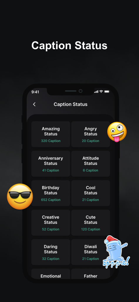 WT Scan for Web 2026 - A list of caption categories for social media status within the WT Scan app including Amazing and Birthday themes.