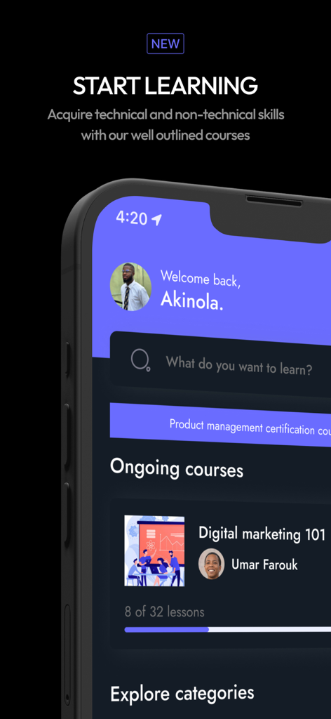 aptLearn - aptLearn mobile app dashboard displaying ongoing courses and learning progress