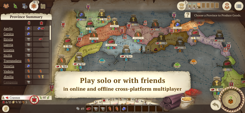 Concordia: Digital Edition - Un mapa estratégico de la Antigua Roma en Concordia Edición Digital que muestra provincias y recursos con una superposición sobre los modos individual y multijugador