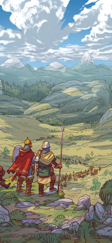 Dois líderes tribais observando um vasto vale verde e uma caravana viajando em direção a montanhas distantes