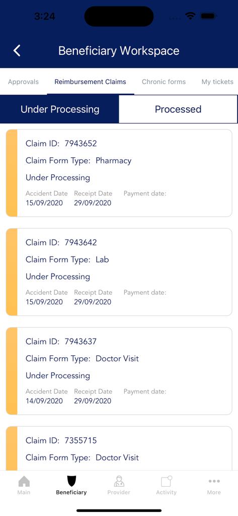 MedRight for Medical Services - MedRight mobile app beneficiary workspace showing a list of medical reimbursement claims under processing