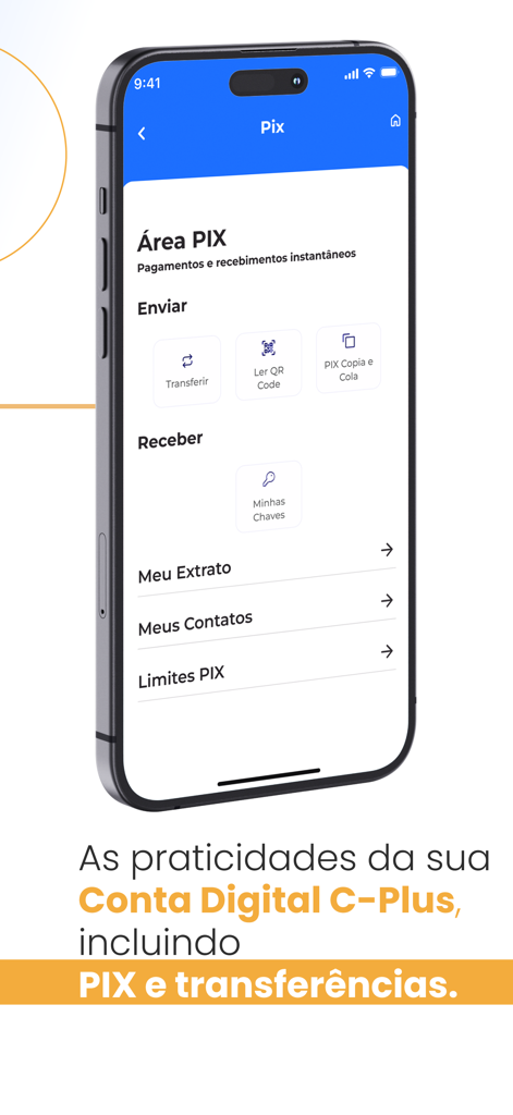 C-Plus Conta Digital - Interface de l'application C-Plus Conta Digital montrant les options de paiement et de transfert instantané PIX sur un smartphone