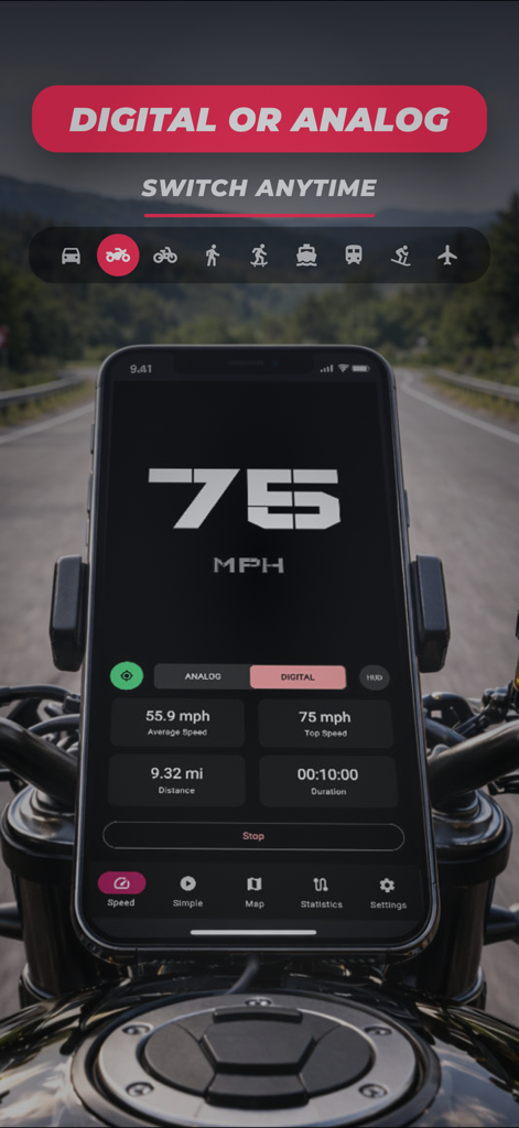 Speedometer MPH - オートバイのハンドルバーに取り付けられたデジタルGPSスピードメーターアプリのインターフェイス、リアルタイム速度とトリップ統計を表示