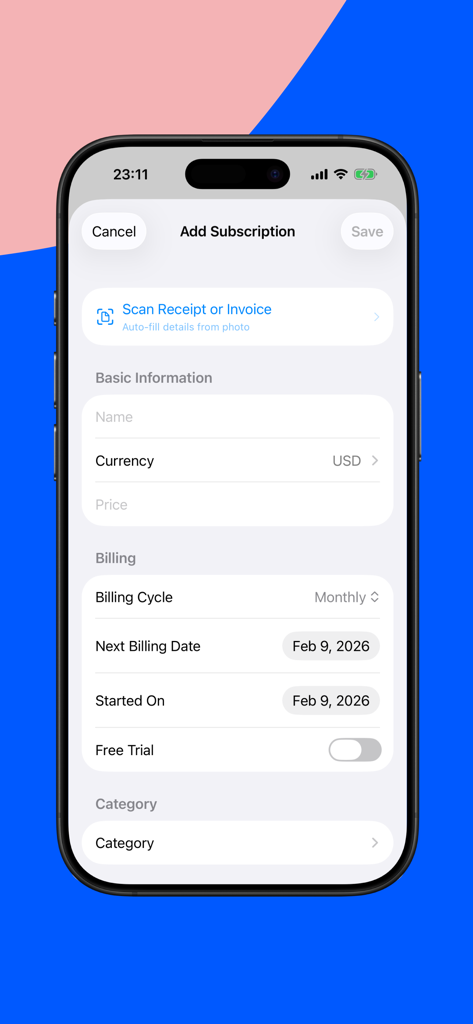 Track Subscription: ManageSubs - Manual entry form in the ManageSubs app to add a new subscription with billing and category details