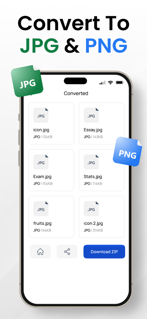 Image Converter to JPG－PDF－PNG - Smartphone screen displaying the result of image conversion to JPG and PNG formats with multiple files listed and a download zip option.