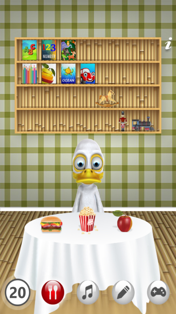 Talking Duck - A white duck character sitting at a table with a burger popcorn and apple