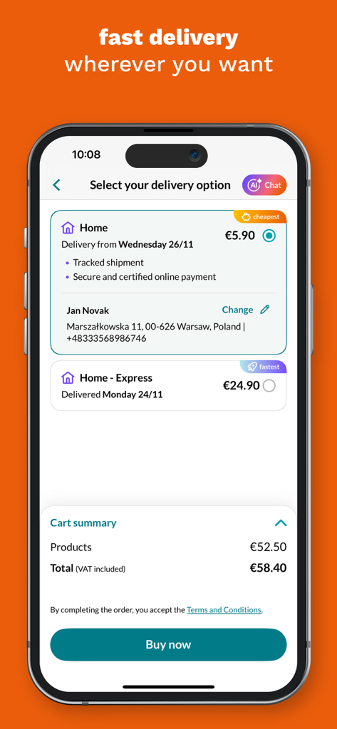 PhotoSi: Photobooks and prints - Interface do aplicativo PhotoSi para selecionar opções de entrega e concluir uma compra