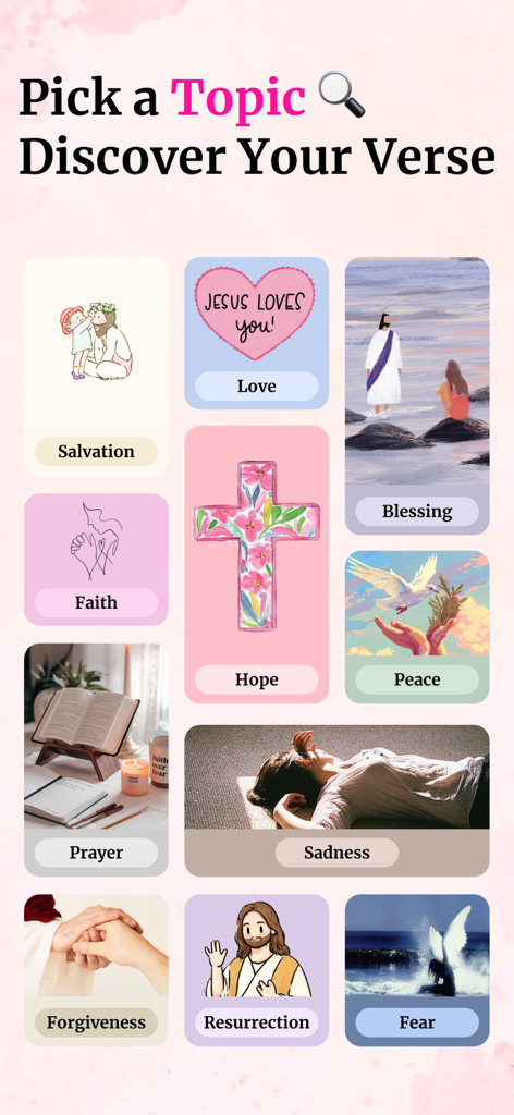 Bible For Women. - A collection of artistic tiles in the Bible For Women app allowing users to pick topics like Salvation, Love, Hope, and Peace to discover relevant verses.