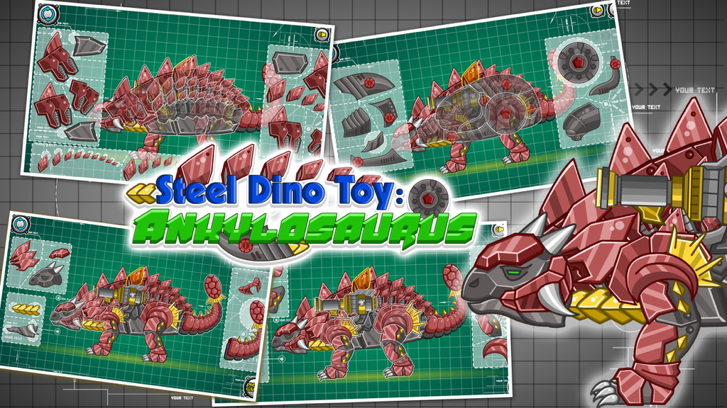 Assembly screenshots and character art for Steel Dino Toy Mechanic Ankylosaurus mobile game.