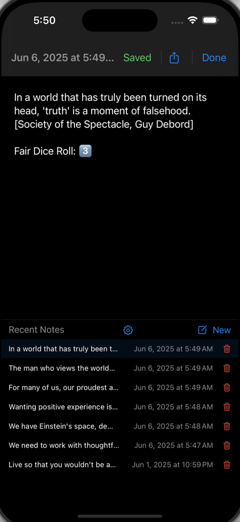 Notes NoData app interface showing a minimalist dark mode notepad with recent entries