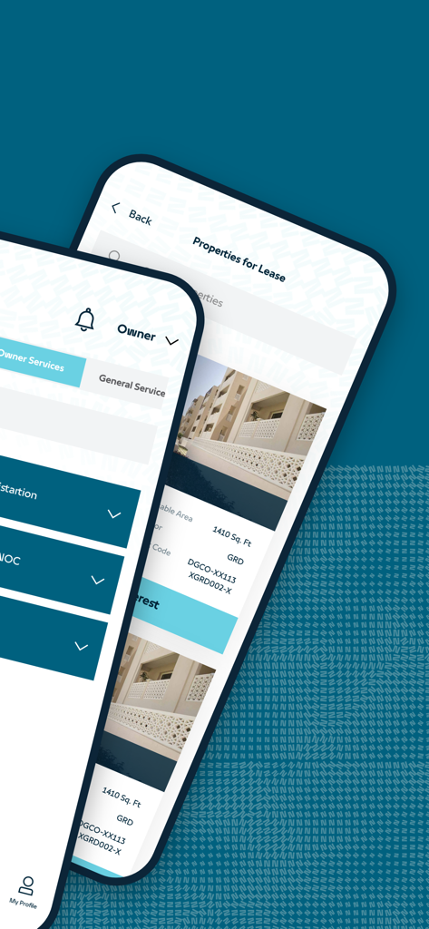 My Nakheel - My Nakheelアプリのインターフェース。賃貸用物件リストとオーナー向けサービスオプションを表示。