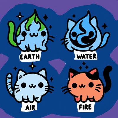 4 cats that represent the different elements, earth, water, air, and fire
