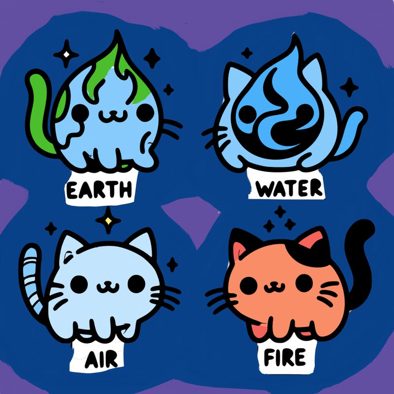 4 cats that represent the different elements, earth, water, air, and fire