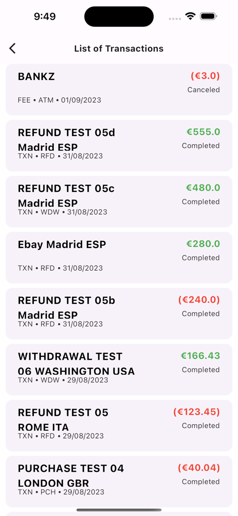 Bankz Cards - A screen showing the transaction history in the Bankz Cards app with a list of recent financial activities