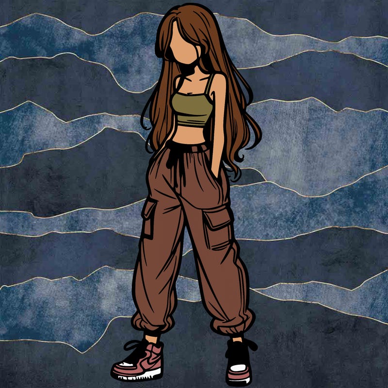 girl in baggy pants crop top and long hair