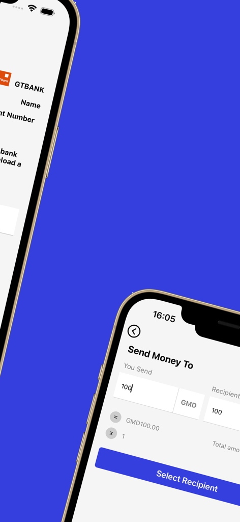 Smartphone screens displaying the CU Wallet app interface for sending money to Gambian credit unions.