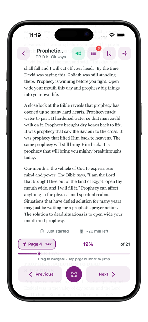 A mobile phone screen showing the reading interface of the MFM eBooks app with a page from a spiritual book by Dr D K Olukoya