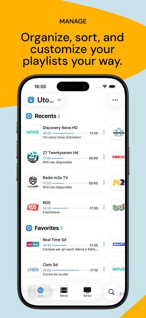 IPTV World app interface on iPhone showing recent and favorite channel lists