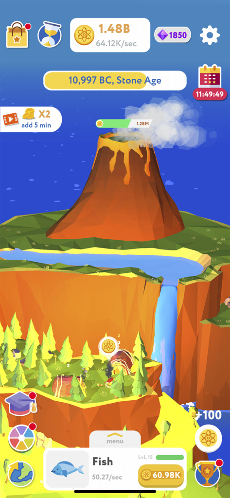 Idle Evolution Tycoon Clicker - Idle Evolution Tycoon gameplay showing a volcano island during the Stone Age