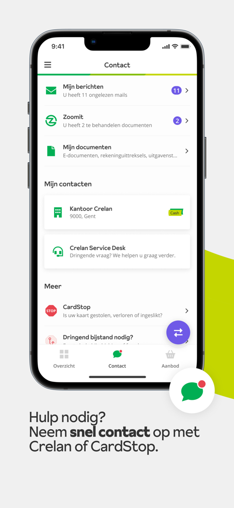Crelan Mobile App Kontaktbildschirm, der Kundenserviceoptionen und Filialinformationen anzeigt