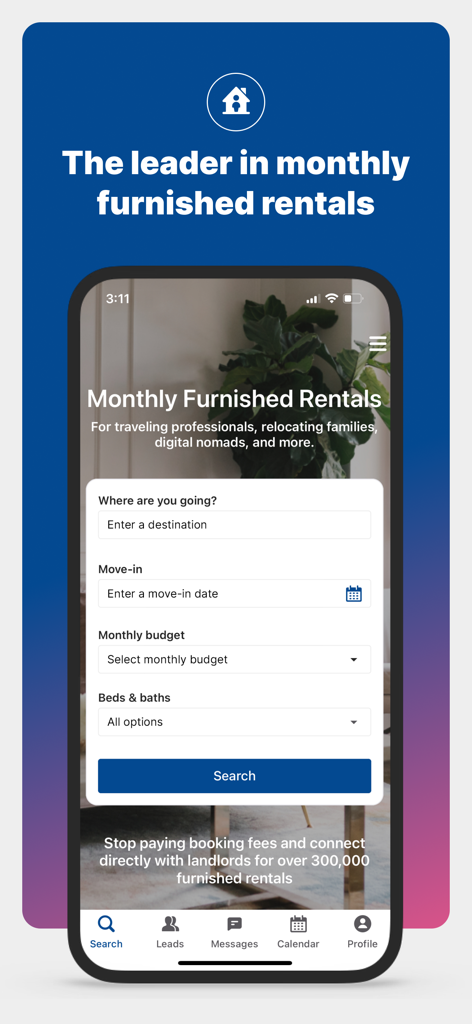 Furnished Finder App Suchbildschirm für monatliche möblierte Mietobjekte.