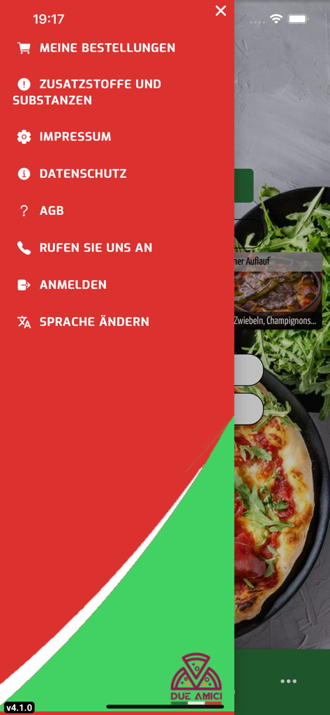 계정 및 주문 옵션이 표시된 Due Amici Pizzeria 모바일 앱의 측면 탐색 메뉴