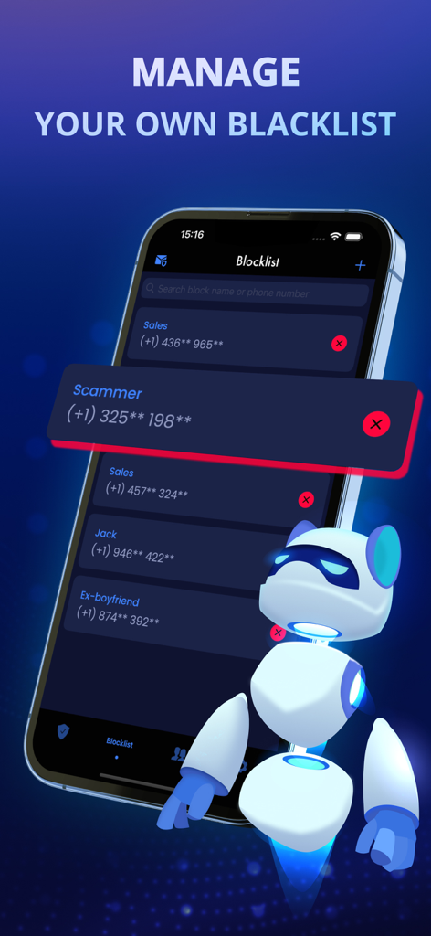 Call ID - Call Blocker - Benutzeroberfläche der Call ID-App zur Verwaltung einer benutzerdefinierten Blacklist blockierter Telefonnummern